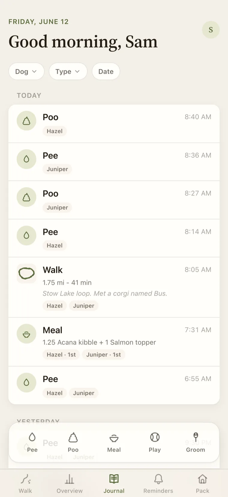 The PawLife journal showing a household's day — walks, meals, pees and poos in one timeline.