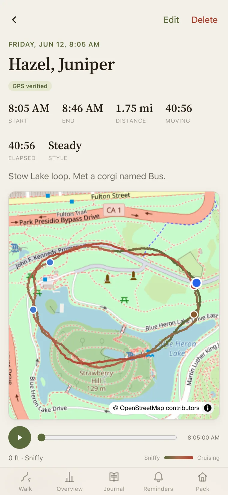 A recorded walk drawn on a map of Stow Lake, colored by pace, with bathroom marks pinned along the route.