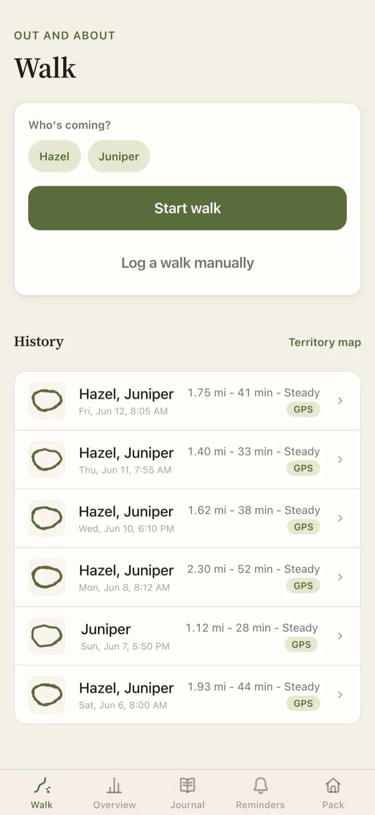 The PawLife walk screen, ready to start recording a walk.