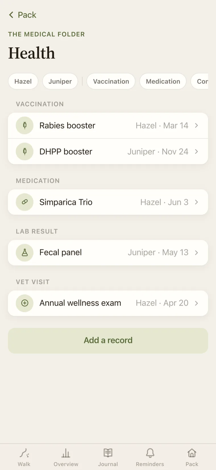 The Health screen listing vaccinations, medications, lab results and vet visits for each dog.